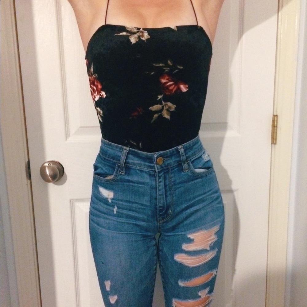 Black Floral Velvet-esque Bodysuit